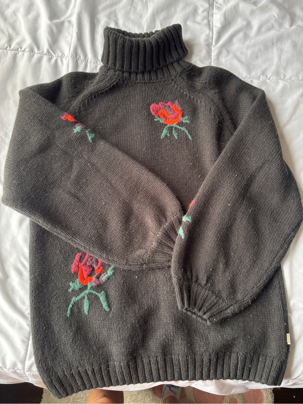 Brixton Black/Green Hue Turtleneck Sweater with Red & Green Floral Embroidery